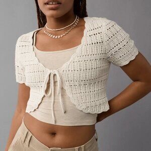 American Eagle Cropped Tie Front Short-Sleeve Cardigan in Cream